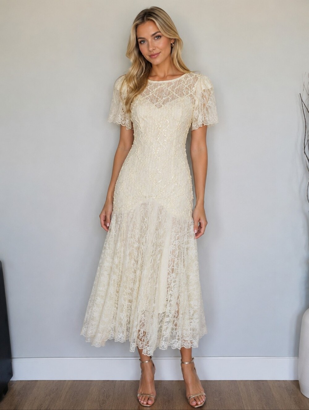 HW COLLECTION Vintage 80's 70's Cream Lace Sequin Midi Wedding Bridal Dress Sz 6